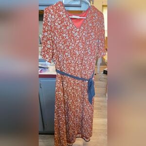 Roolee Rust Floral Maxi Dress with Contrasting Waist Sash